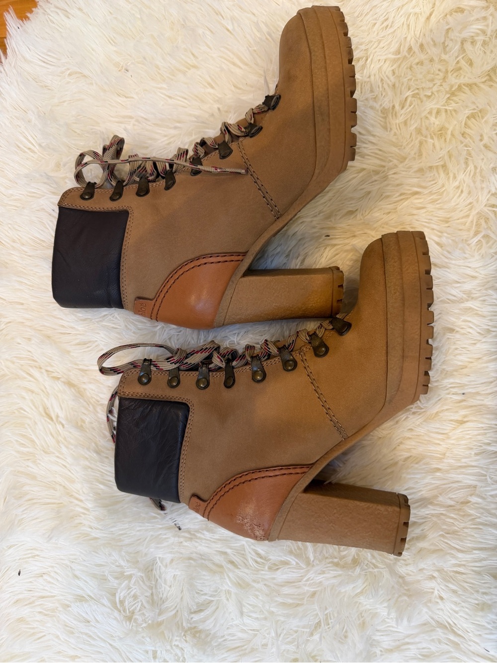 See By Chloe Tan and Black Lace-Up Platform Ankle Boots